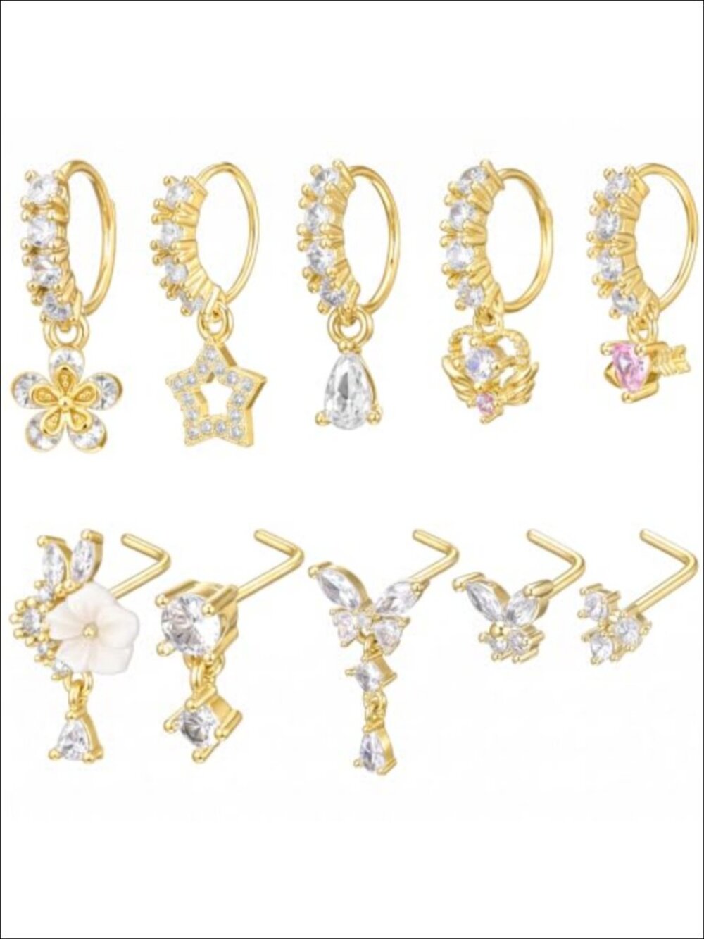 10pc Gold Dangle Nose Ring Set L-Shaped Studs Zircon Nose Piercing